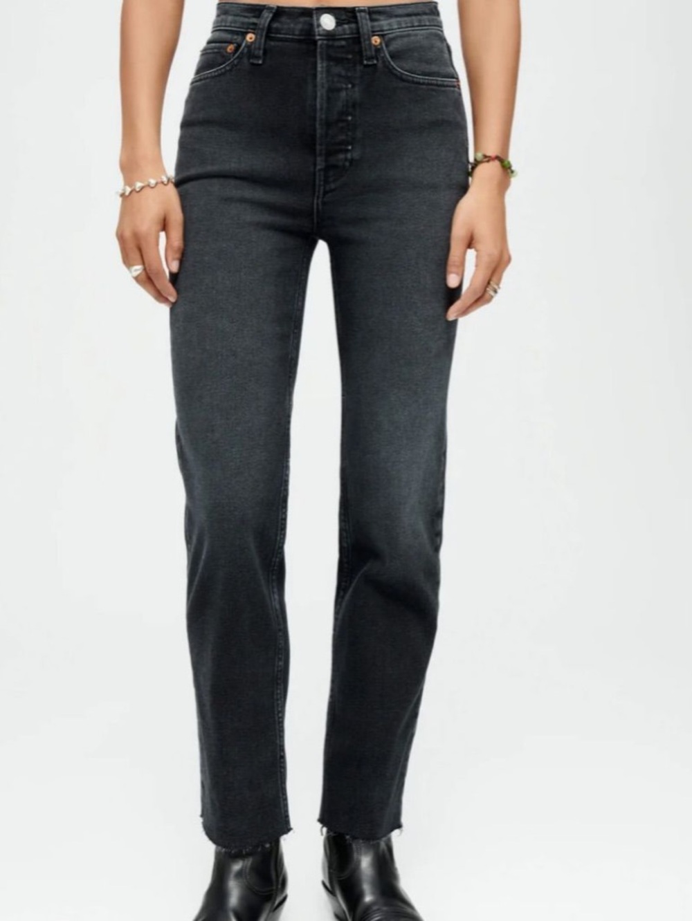 Re/Done womens Black Straight Jeans with Button Fly